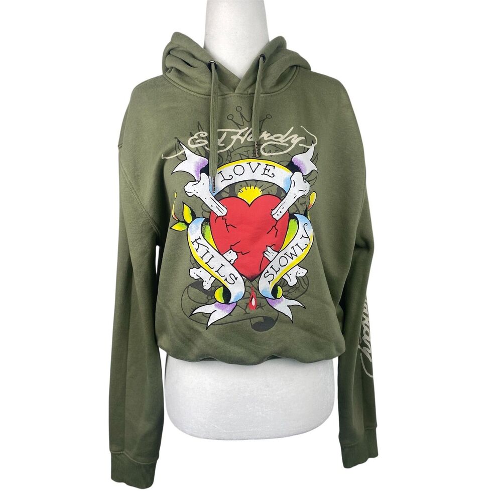 Ed Hardy Love Kills Slowly Graphic Sweater Womens L Green Cropped Sweatshirt